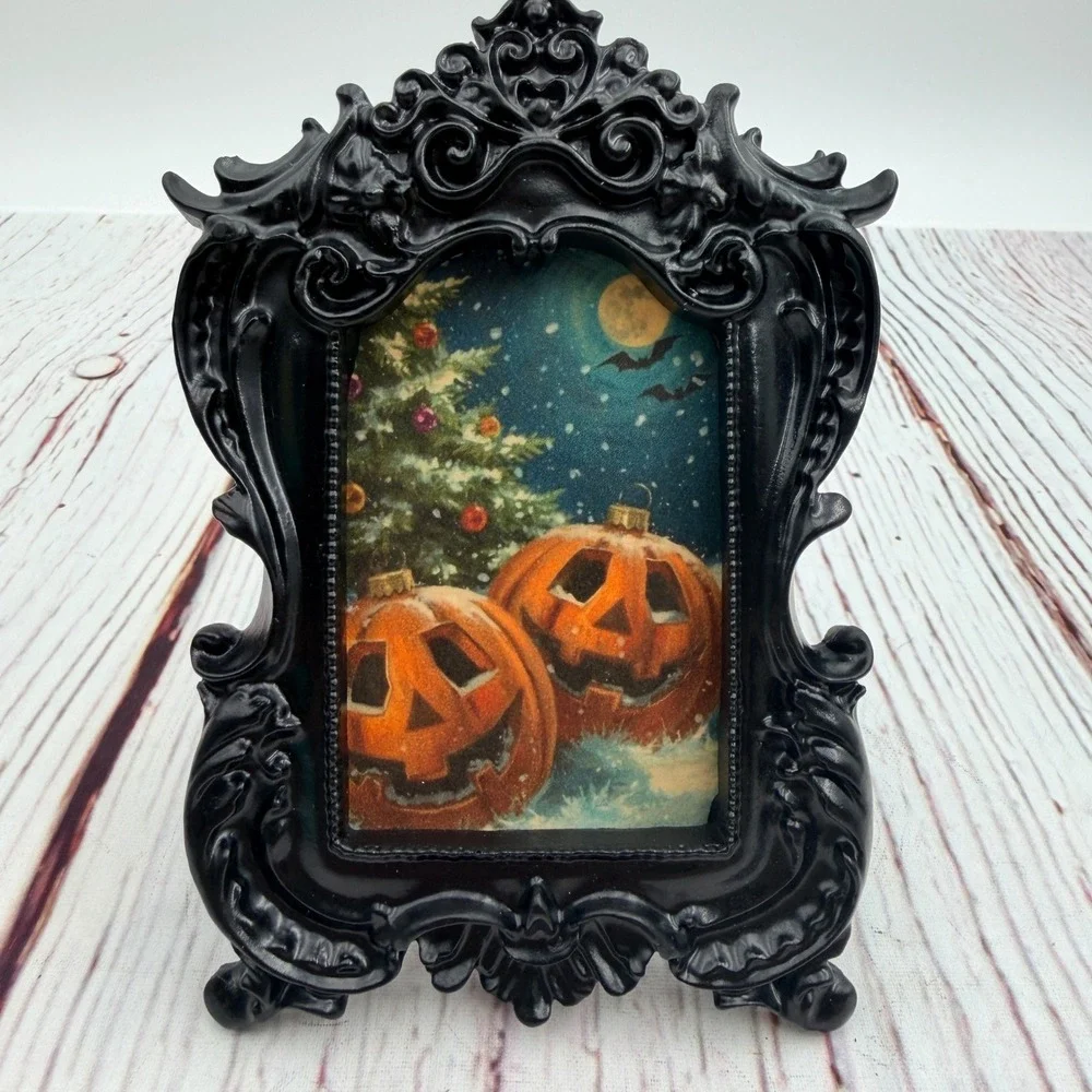 Vintage Style Halloween Christmas Mashup Art Print in Ornate Black Resin Frame